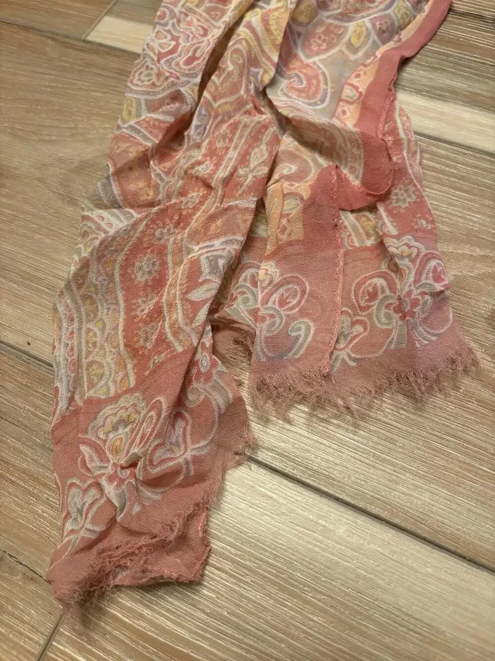 Vintage Paisley Print Lightweight silk Scarf Coral Pink Peach Fringe Edges